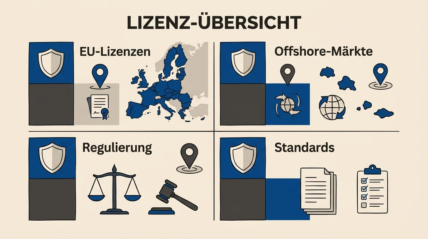 Vier typische Lizenz-Jurisdiktionen für Anbieter ohne OASIS-Anschluss in einer redaktionellen Übersicht