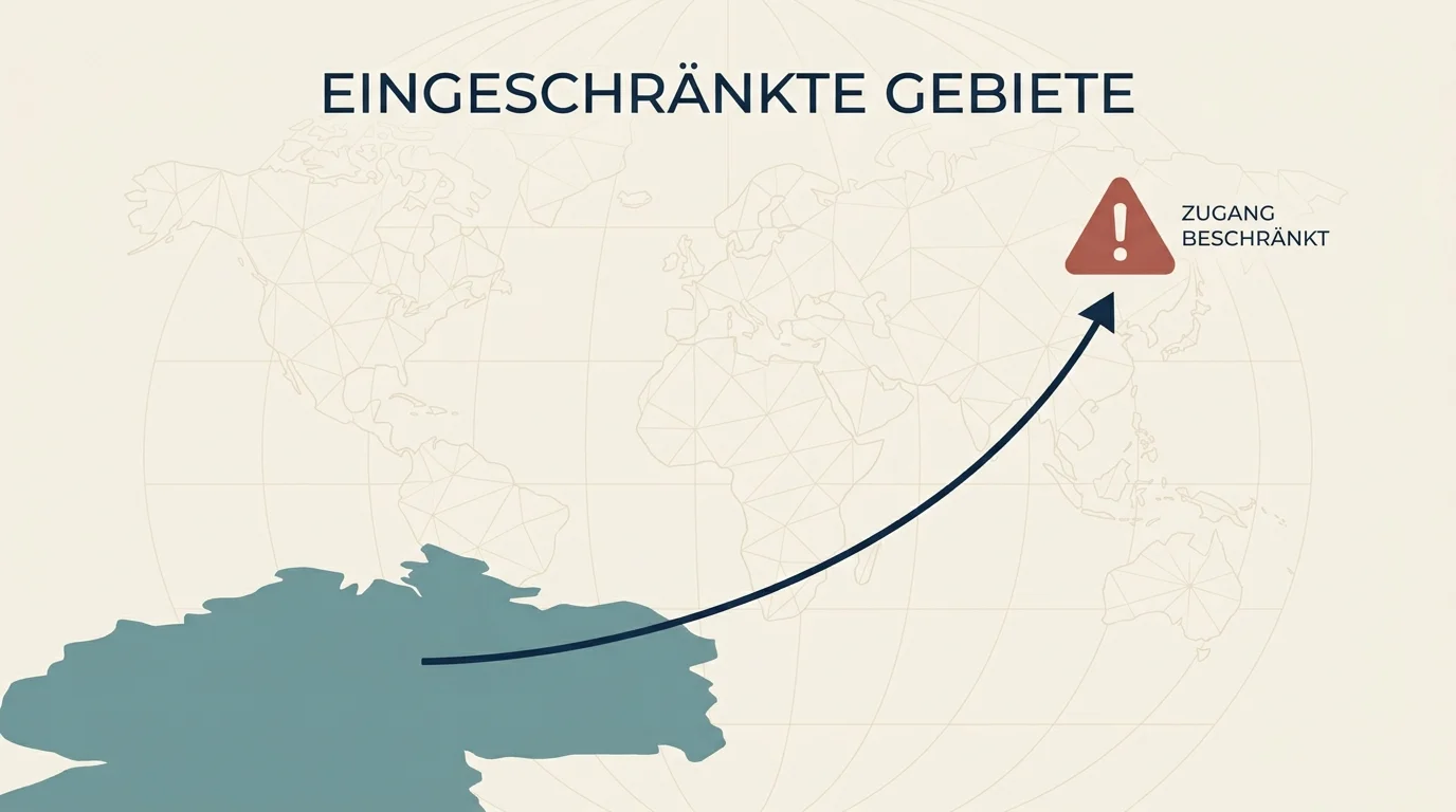 Symbolische Weltkarten-Andeutung mit hervorgehobener Risikomarkierung als Hinweis auf eingeschränkte Länder-Liste