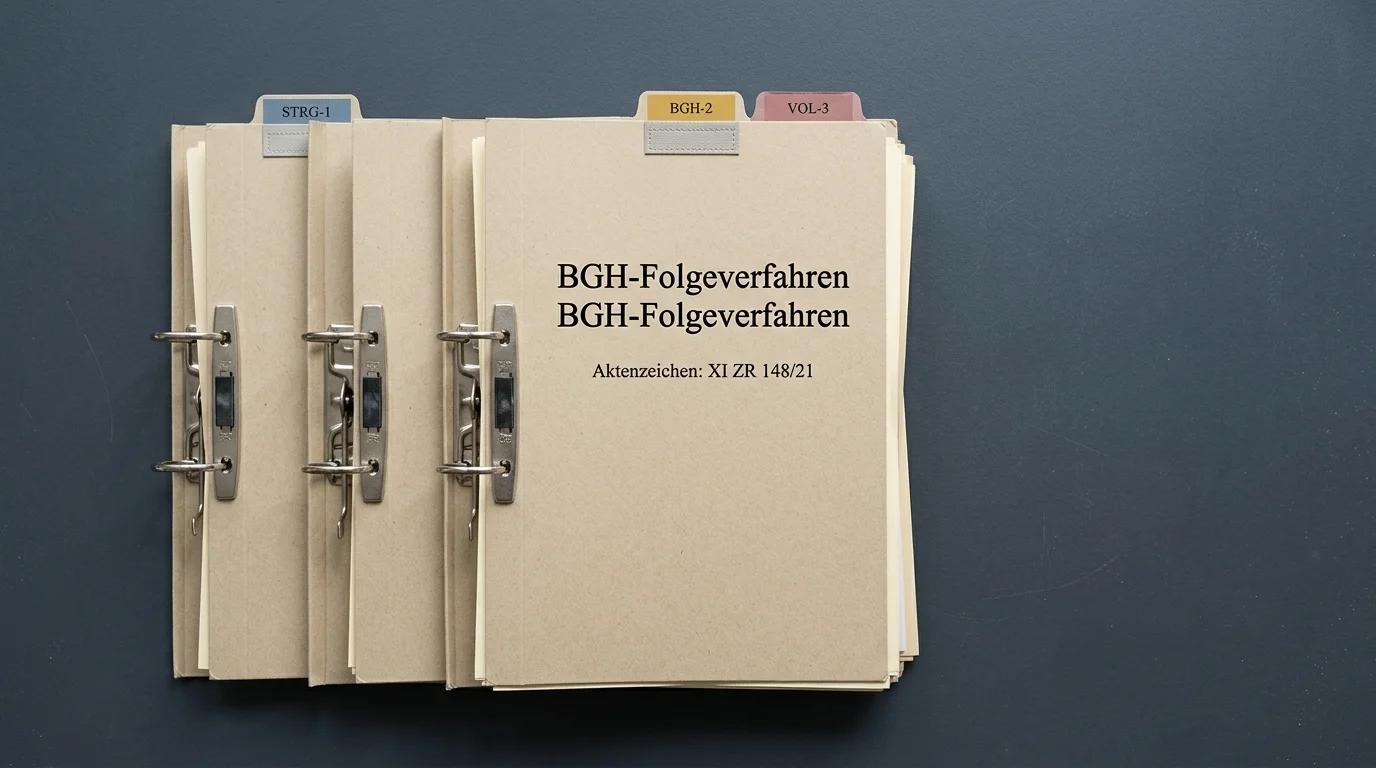 Drei symbolische, ordentlich aufgereihte Aktenstapel als Metapher für die drei BGH-Folgeverfahren, ohne lesbare Inhalte
