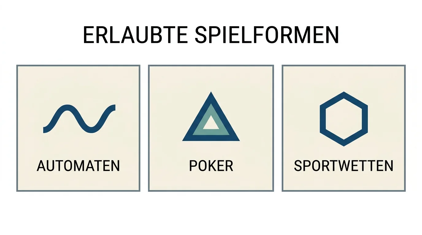 Schematische Aufteilung der drei bundesweit erlaubten Online-Glücksspielformen in einer abstrakten Drittel-Komposition