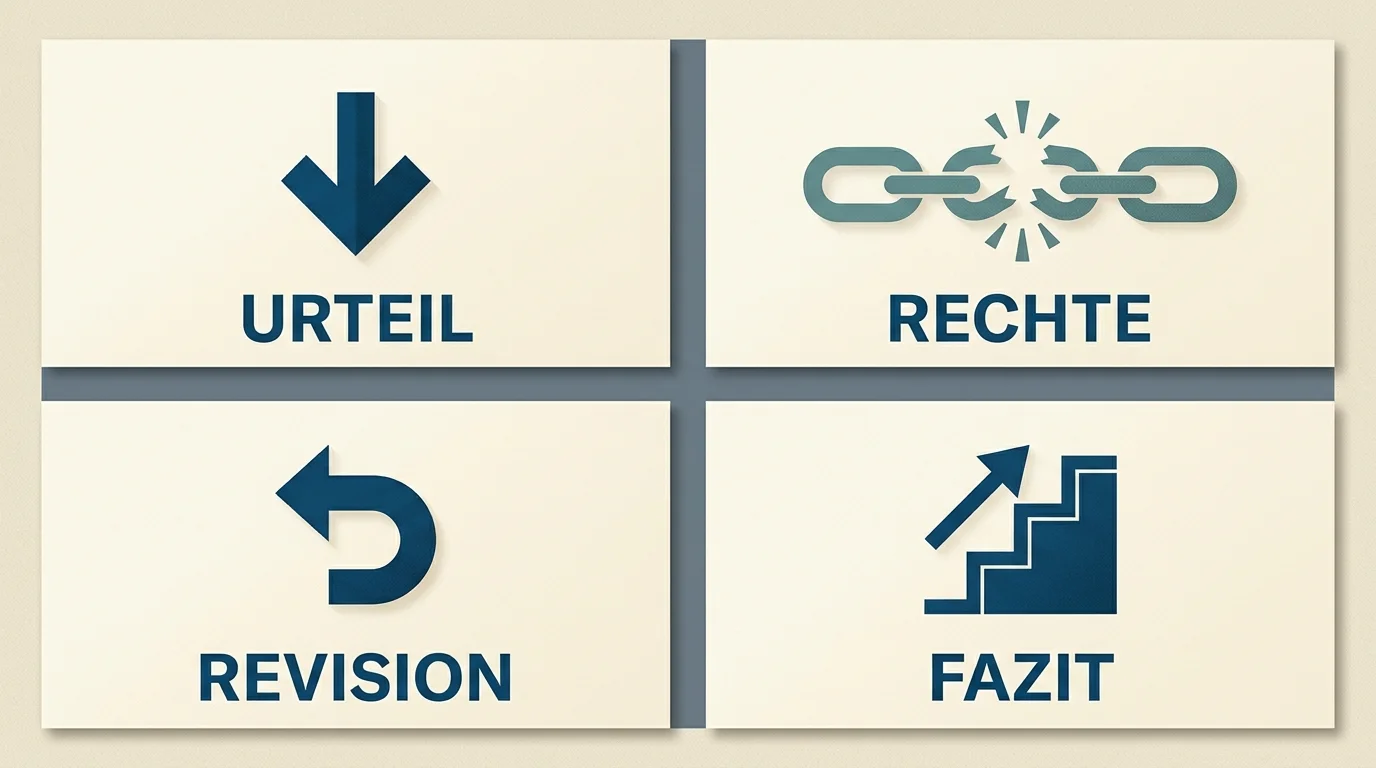 Vier nummerierte Quadrate als symbolische Darstellung der vier Kernaussagen des Urteils in 2x2-Anordnung