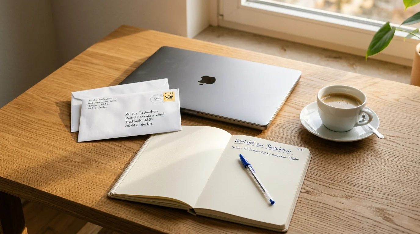 Symbolische Darstellung einer schreibtischbezogenen Korrespondenz mit Briefumschlag, Stift und Laptop als Sinnbild der Kontaktaufnahme zur Redaktion