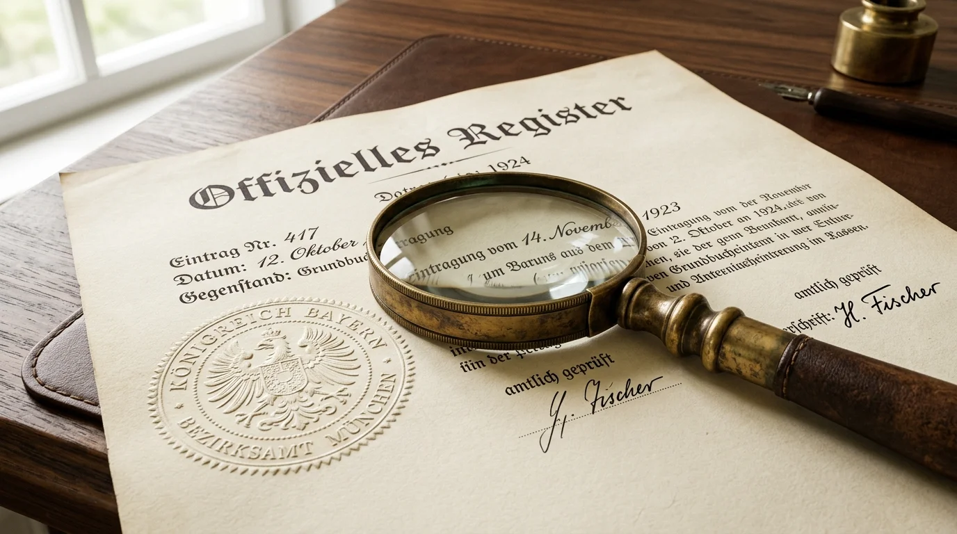 Konzeptionelles Bild einer Lupe über einem Lizenz-Siegel als Sinnbild der Verifikation über Original-Register