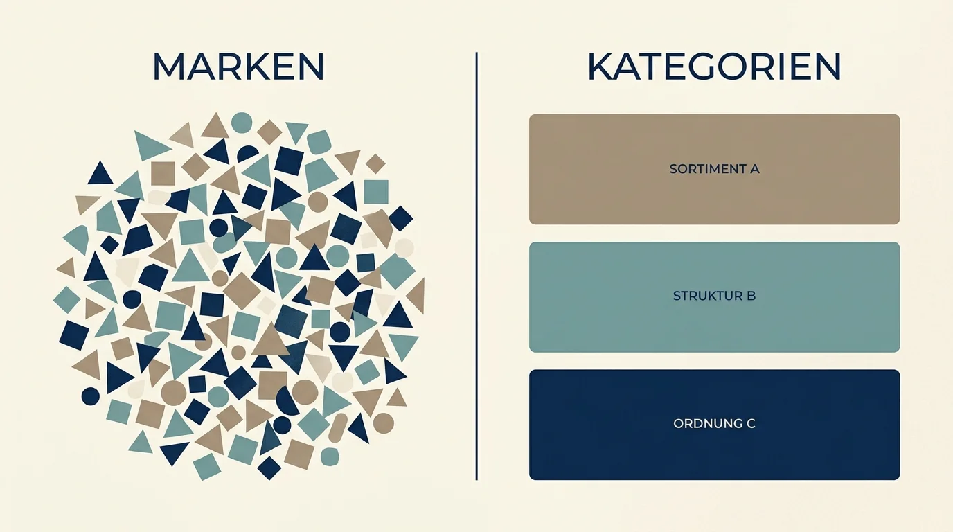 Zwei gegenübergestellte Tabellen-Symbole - eine mit instabilen Marken-Einträgen und eine mit stabilen Kategorien