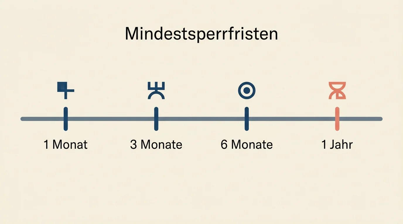 Visuelle Übersicht der Mindestsperrfristen als horizontale Zeitskala mit vier Sperrart-Markierungen