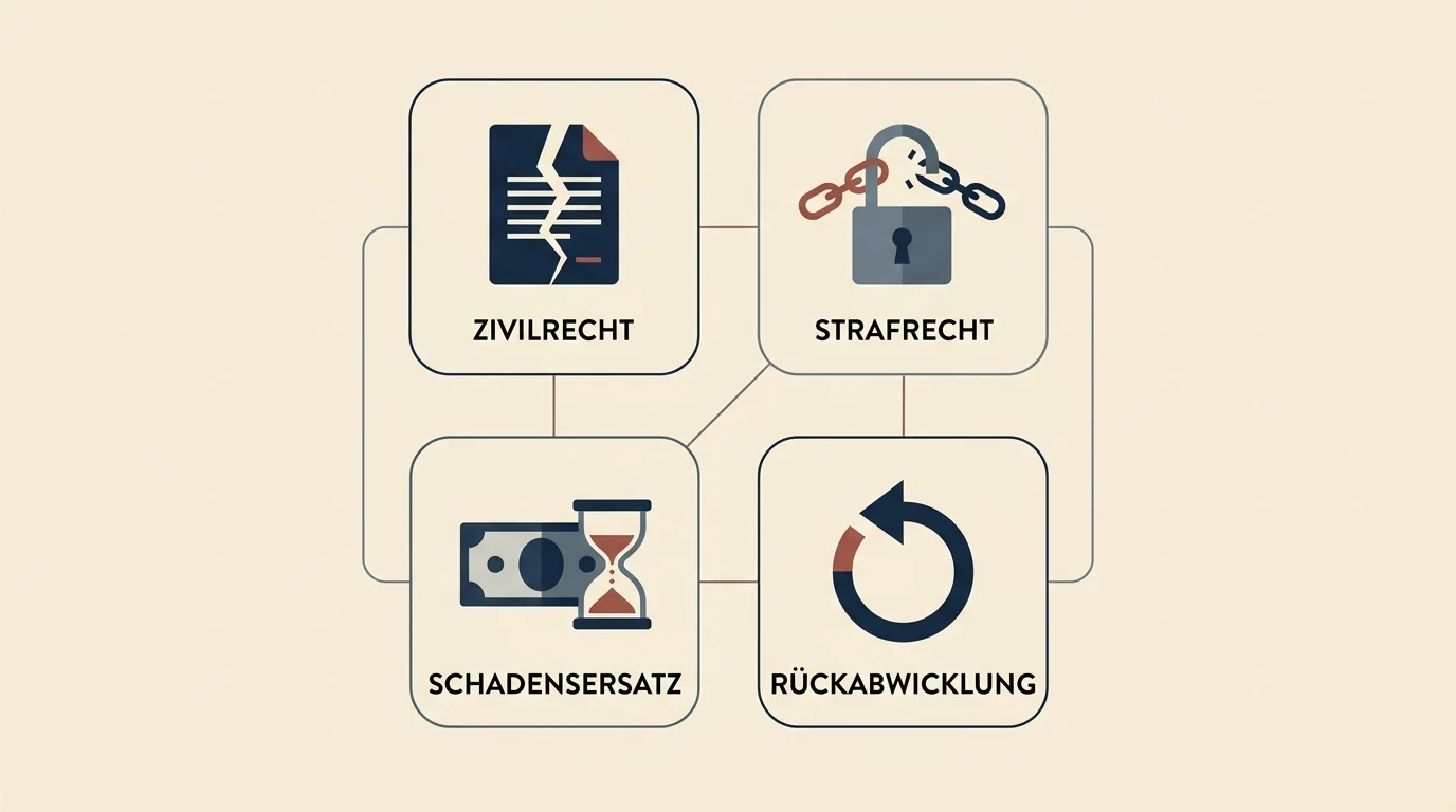 Vier durchnummerierte Felder als Sinnbild der vier Rechtsfolgen Nichtigkeit, Strafbarkeit, GeldwĂ€sche und RĂŒckforderung