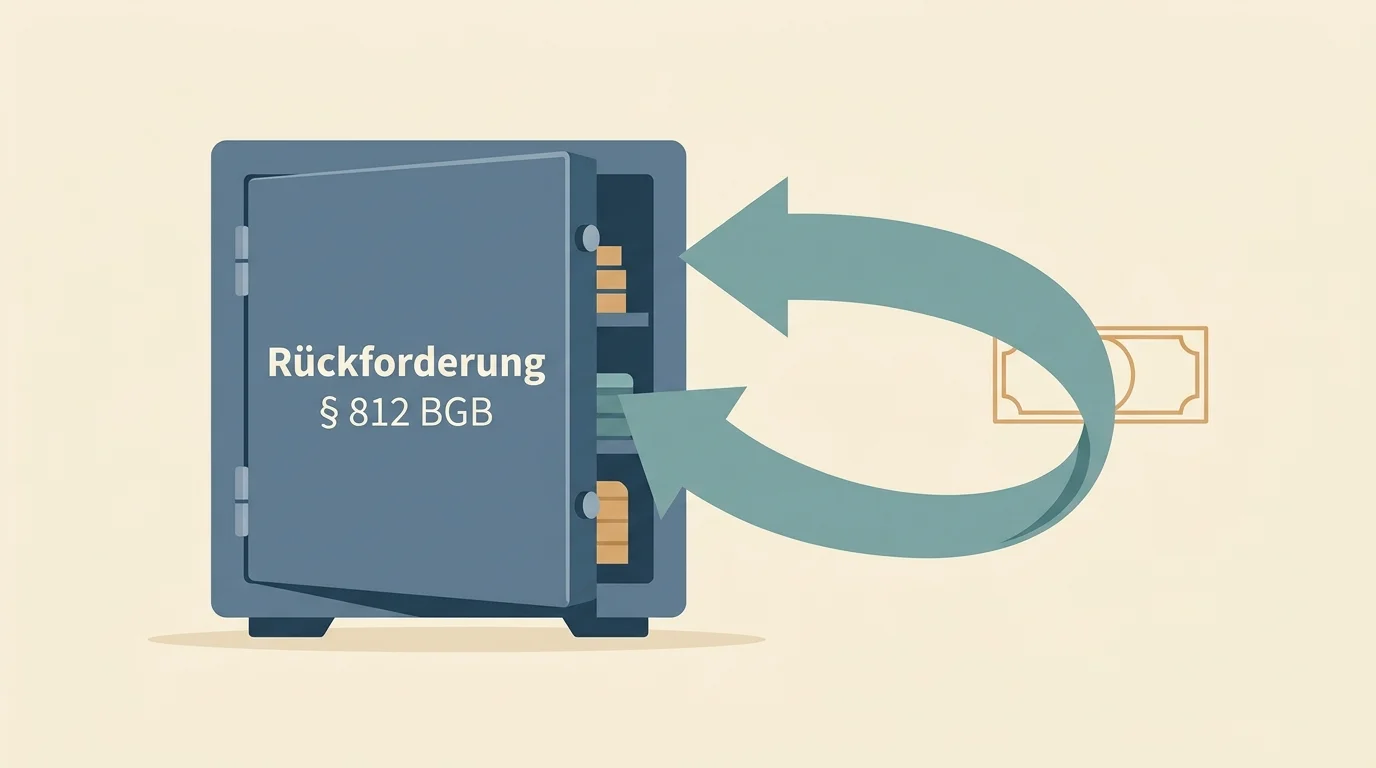 Symbolische Darstellung eines Pfeils zurück zu einem geöffneten Tresor als Sinnbild der Rückforderung nach Paragraf 812 BGB