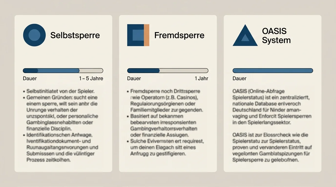 Schematische Übersicht der drei OASIS-Sperrarten als abstrakte Drittel-Komposition mit Zeitskala