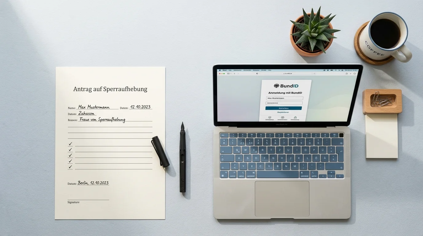 Symbolische Darstellung eines digitalen Antragsformulars mit Tastatur und ruhiger Schreibtischoberfläche