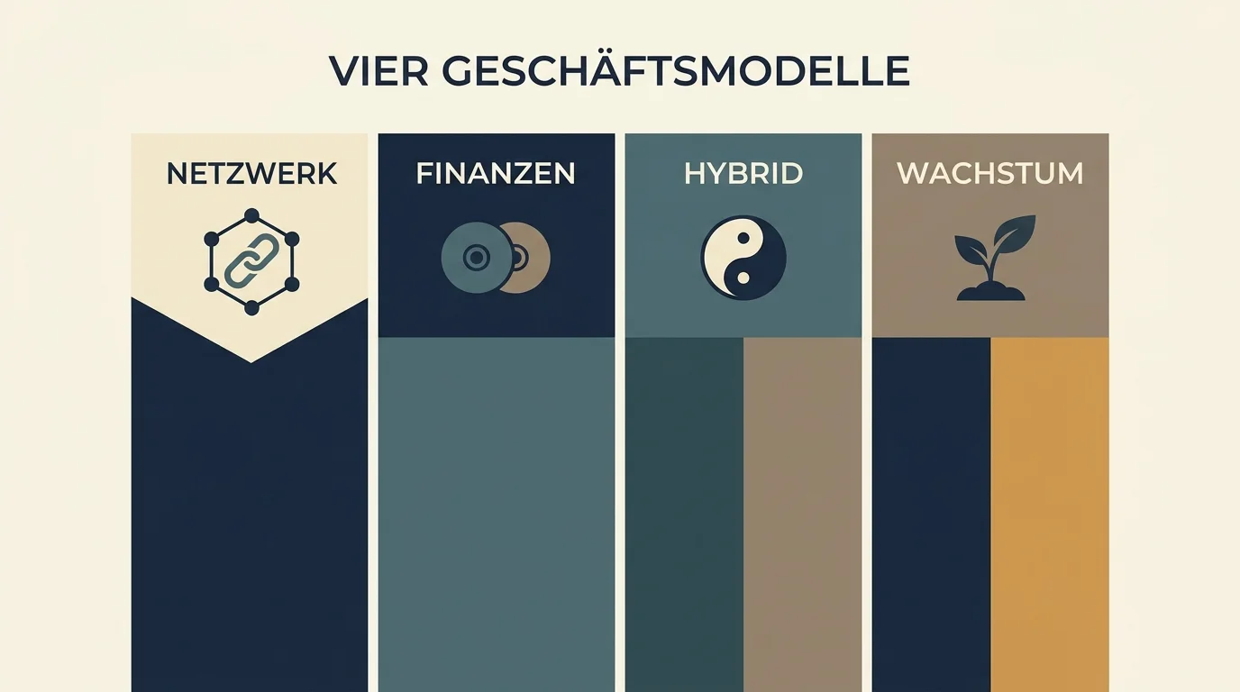 Vier symbolische Kategorien für Krypto-fokussiert, klassisch Fiat, Hybrid und Neugründungen als visuelle Übersicht
