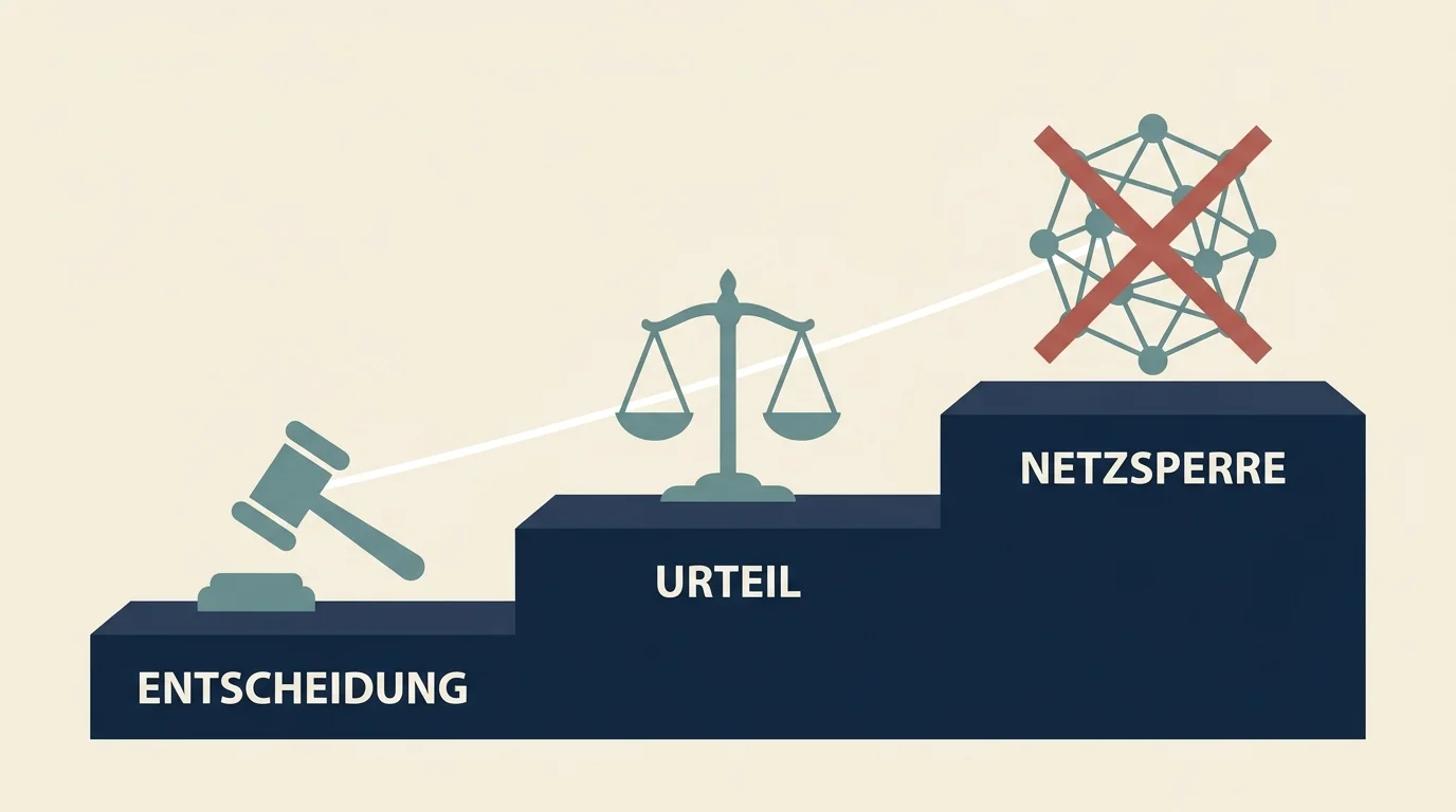 Symbolische Darstellung eines stufenweise ansteigenden Vollzugs mit GGL-Anzeigen, BVerwG-Entscheidung und geplanten DNS-Sperren
